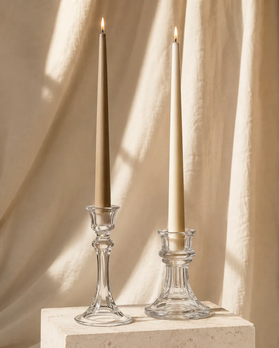 Velas cónicas encendidas con candelabros de cristal sobre pedestal
