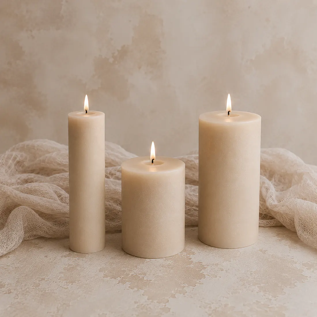 Set de tres velones en tono hueso para ceremonia de boda