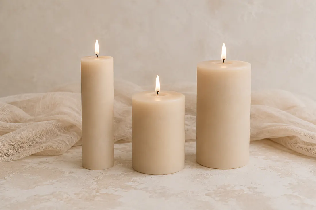 Set de tres velones decorativos nude encendidos para evento