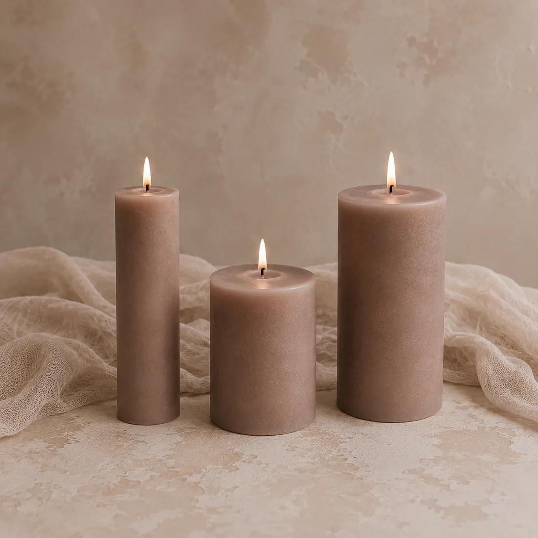 Set de tres velones beige para mesa premium