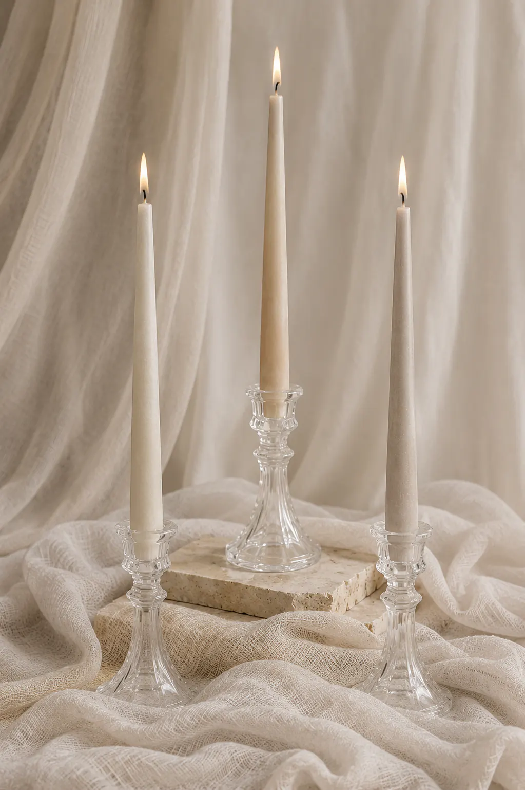 Velas cónicas 34 cm encendidas en composición vertical para eventos